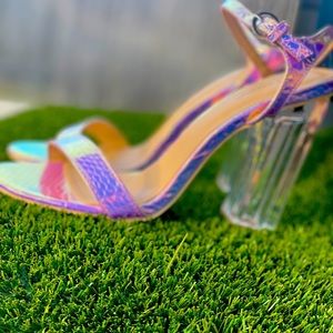 Cape Robbin Mercy Women's Holographic Snake Embossed Clear Square Heel Sandals